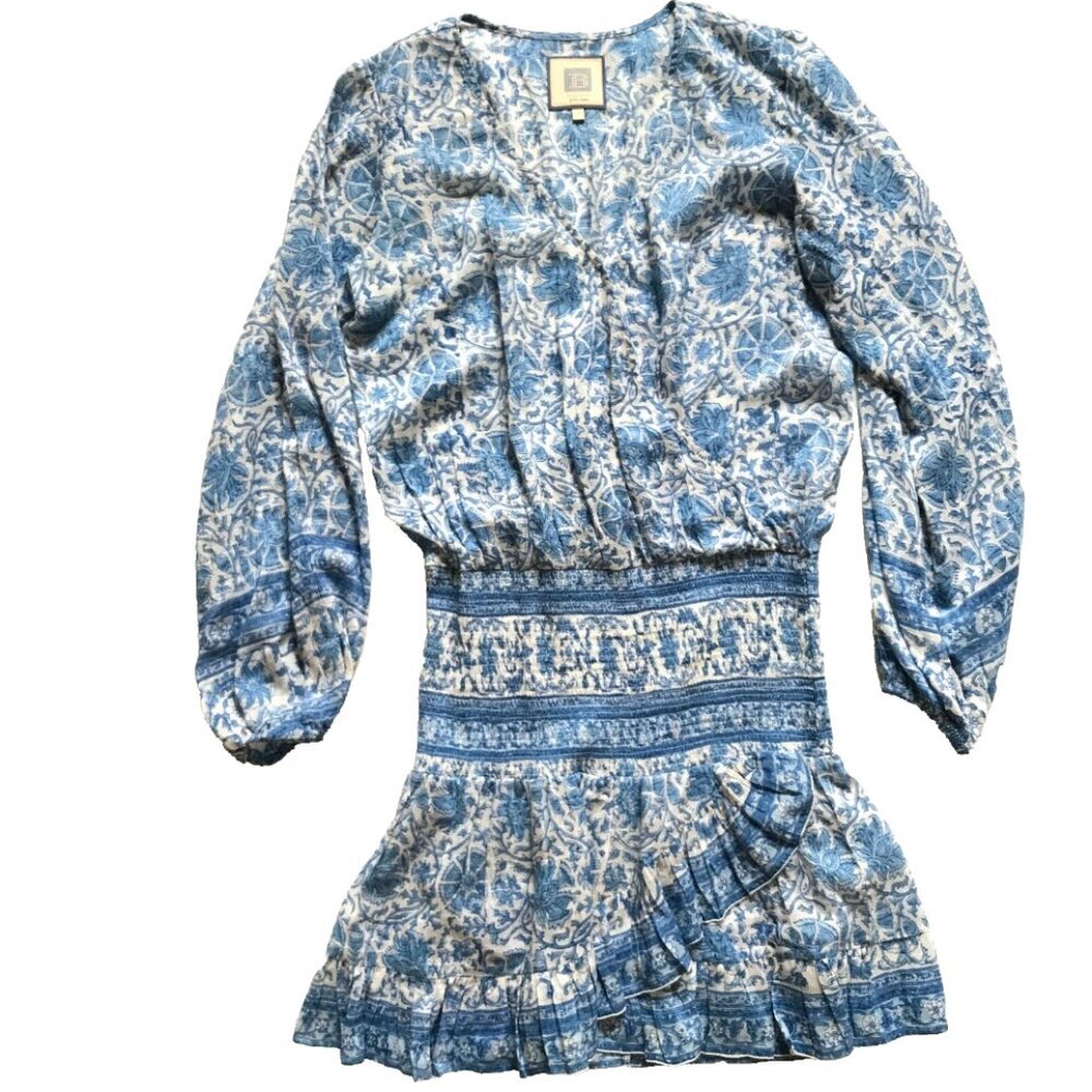 Bell Evelyn Smocked Mini Dress Womens Medium Blue Long Sleeve Smocked V-Neck